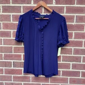 NWT Flower and Feather Navy Ruffle Swiss Dot Sleeve Blouse L